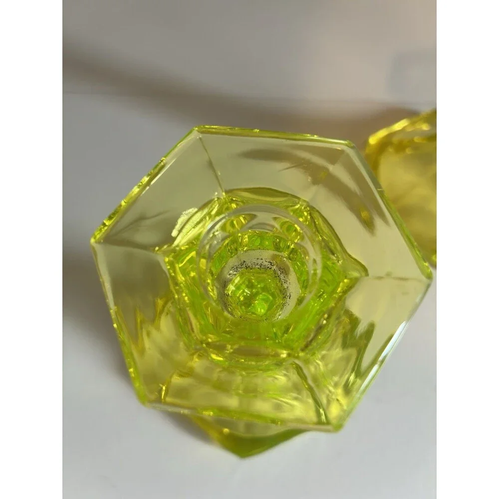 Vintage Antique Uranium Vaseline Glass Candlestick Set of 2 UV Taper Candles